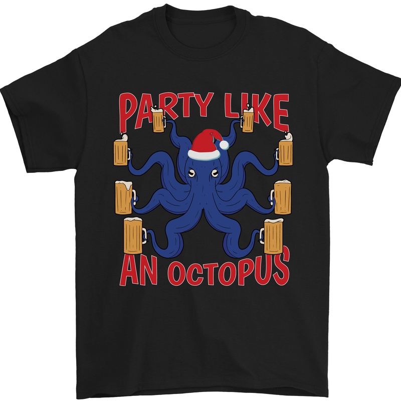 a black t - shirt with an octopus wearing a santa hat