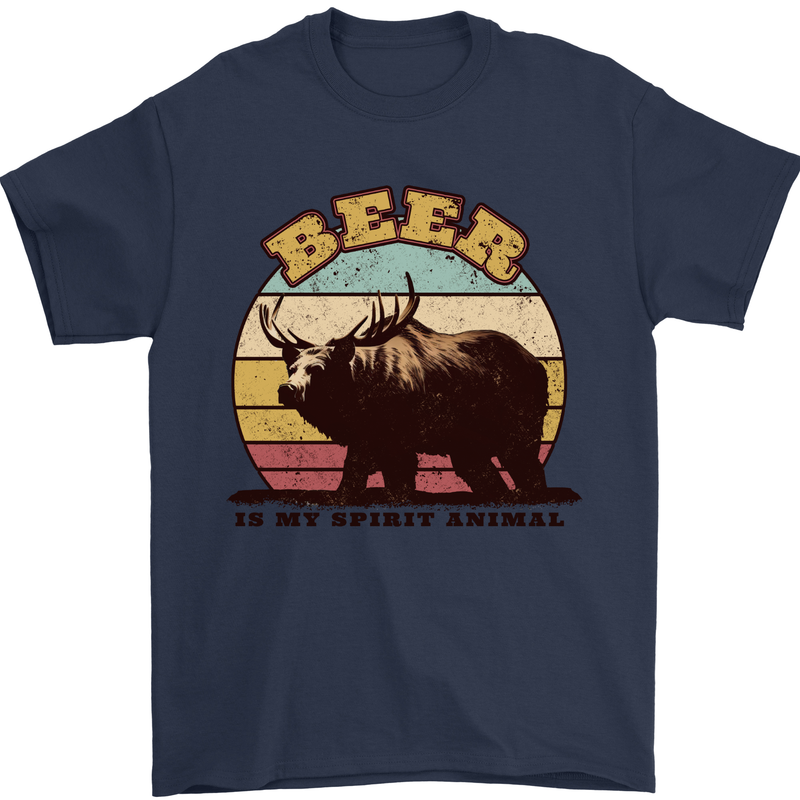 Beer is My Spiritual Animal Funny Alcohol Bear Mens T-Shirt 100% Cotton Navy Blue
