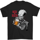a skeleton holding a mug of beer with the words beer of death on it