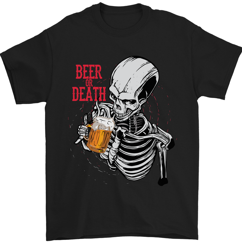 a skeleton holding a mug of beer with the words beer of death on it
