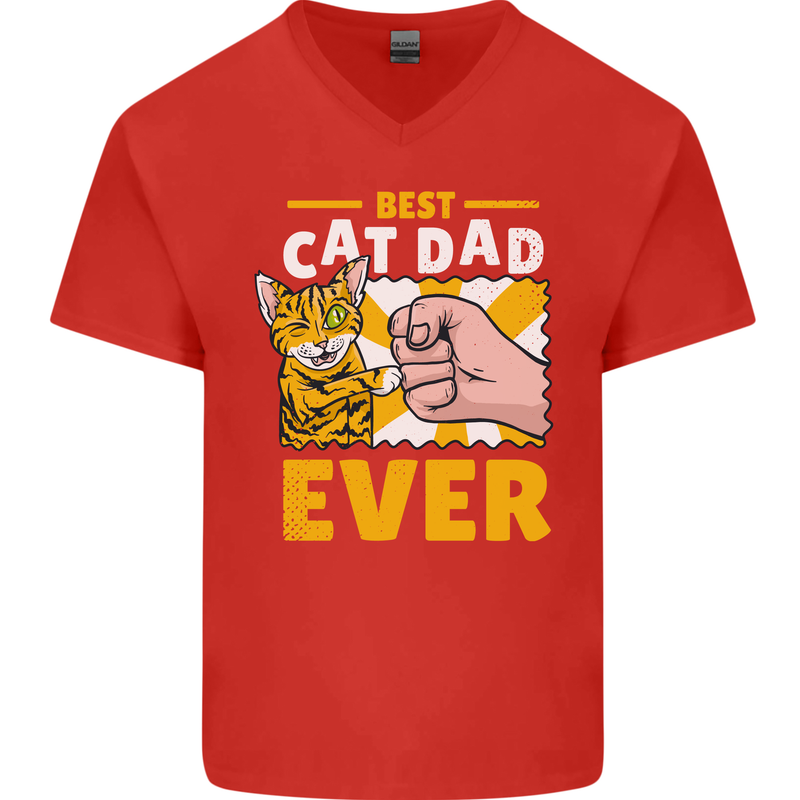 Best Cat Dad Ever Funny Fathers Day Mens V-Neck Cotton T-Shirt Red