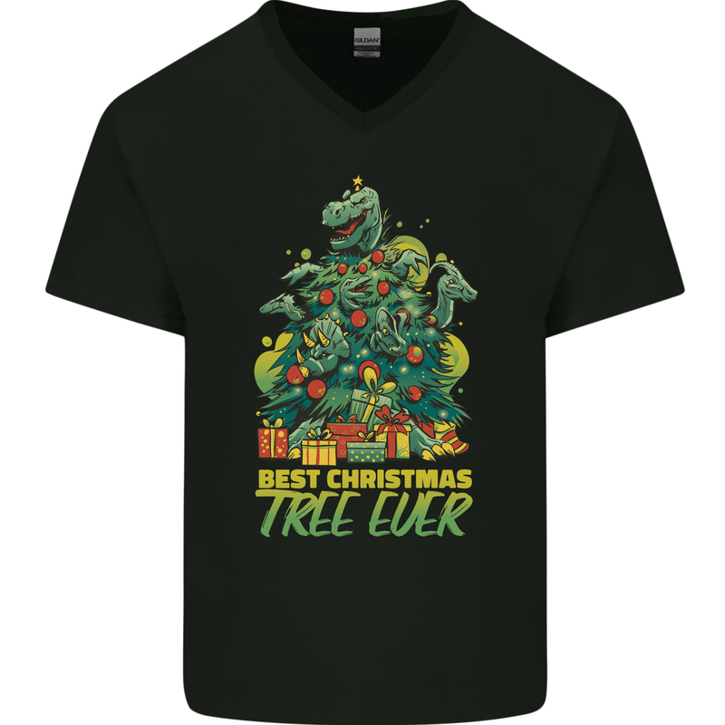 Best Christmas Tree Ever T-Rex Xmas Dinosaur Mens V-Neck Cotton T-Shirt Black