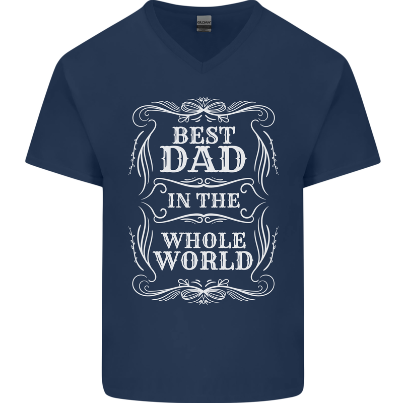 Best Dad in the Word Fathers Day Mens V-Neck Cotton T-Shirt Navy Blue