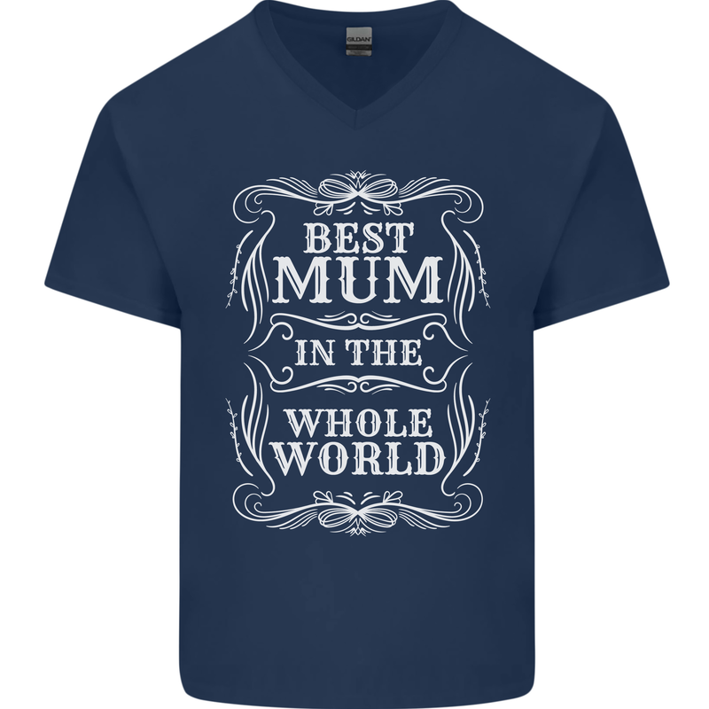 Best Mum in the World Mothers Day Mens V-Neck Cotton T-Shirt Navy Blue