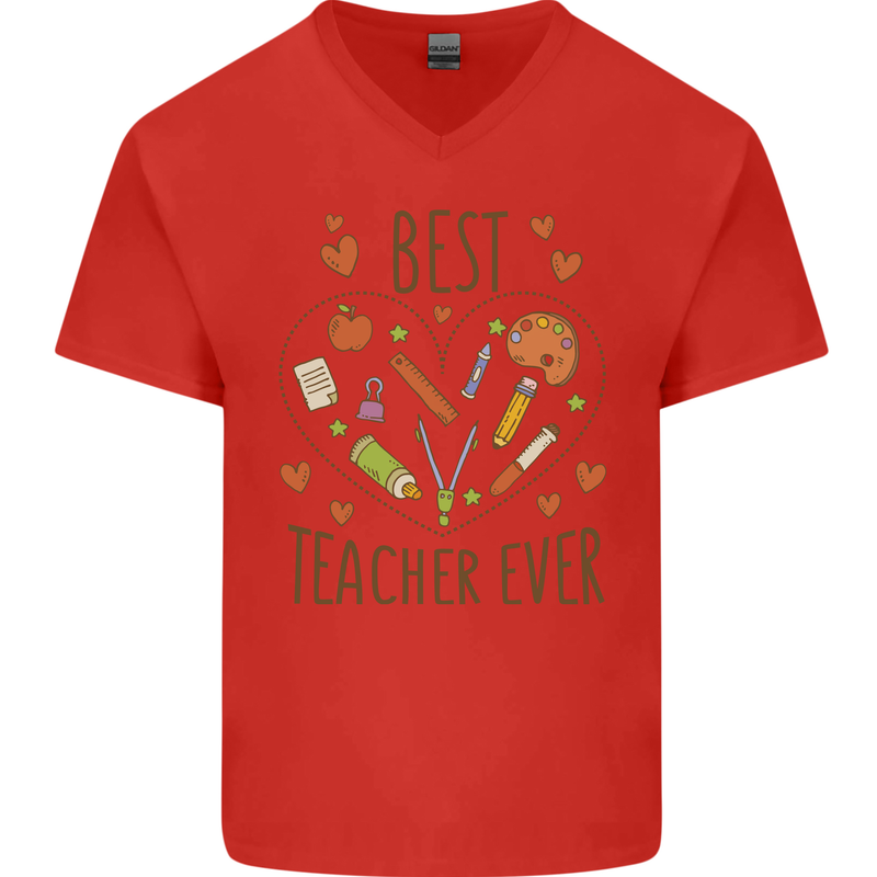 Best Teacher Ever Teaching Maths English Science Mens V-Neck Cotton T-Shirt Red