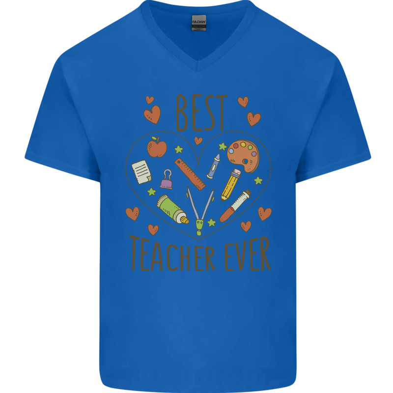 Best Teacher Ever Teaching Maths English Science Mens V-Neck Cotton T-Shirt Royal Blue