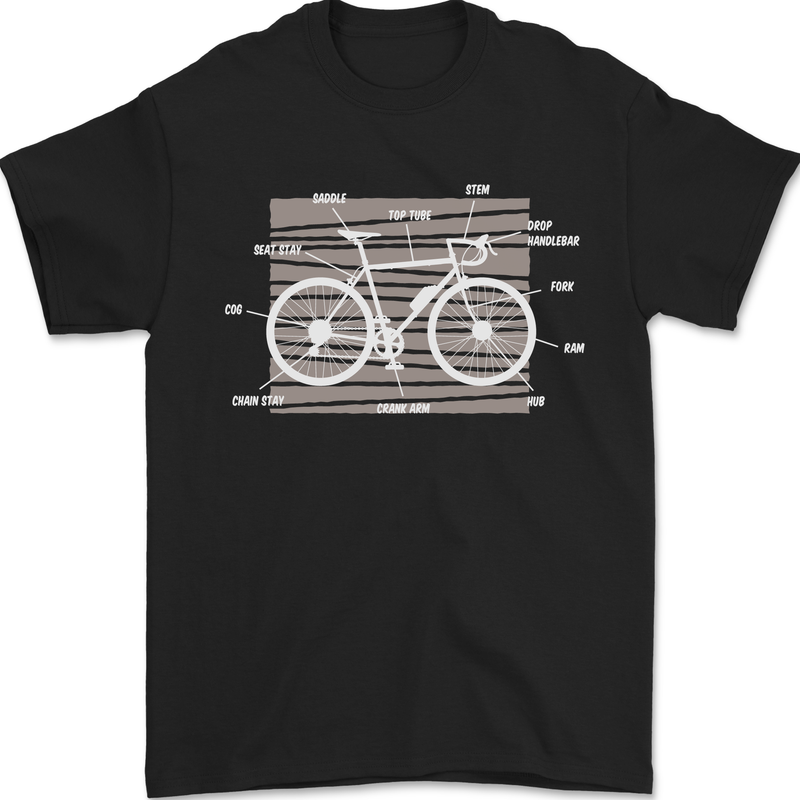 a black t - shirt with a diagram of a bicycle