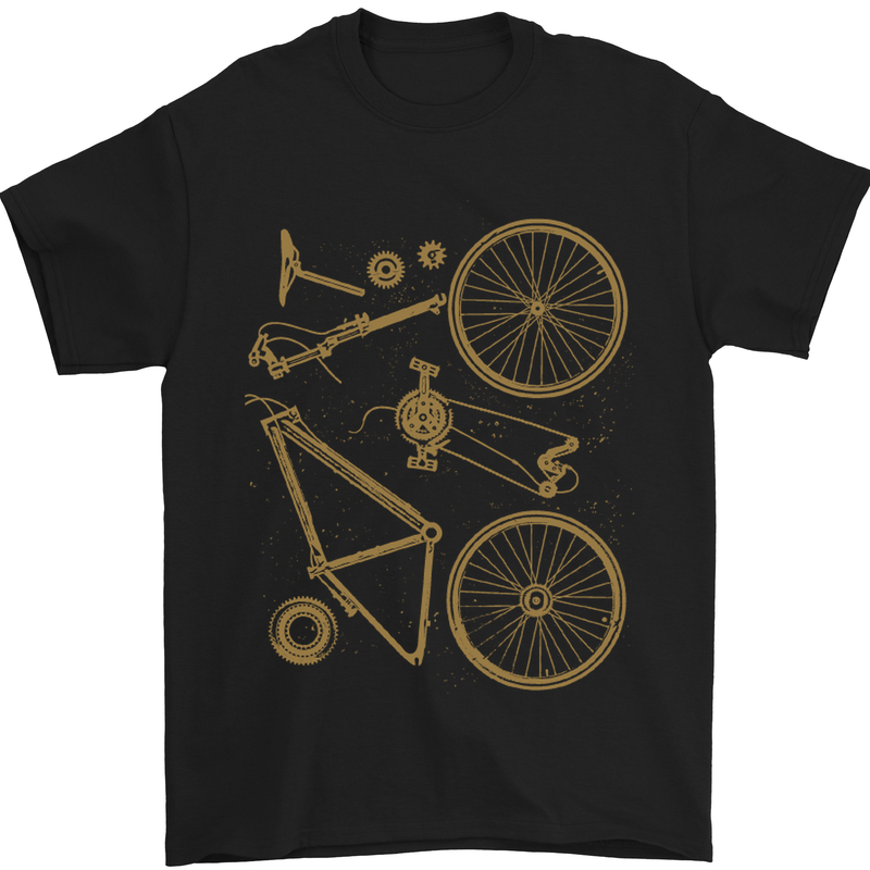 a black t - shirt with a gold bicycle design