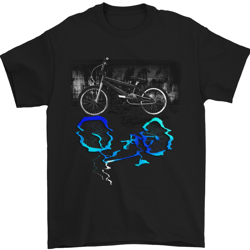 a black t - shirt with a blue bicycle on it