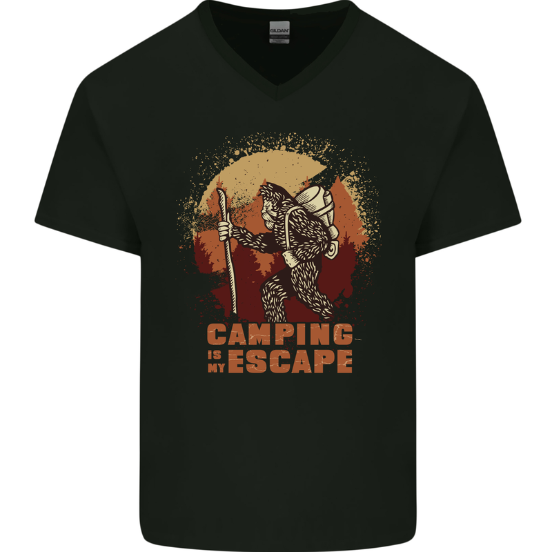 Bigfoot Camping is My Escape Funny Mens V-Neck Cotton T-Shirt Black