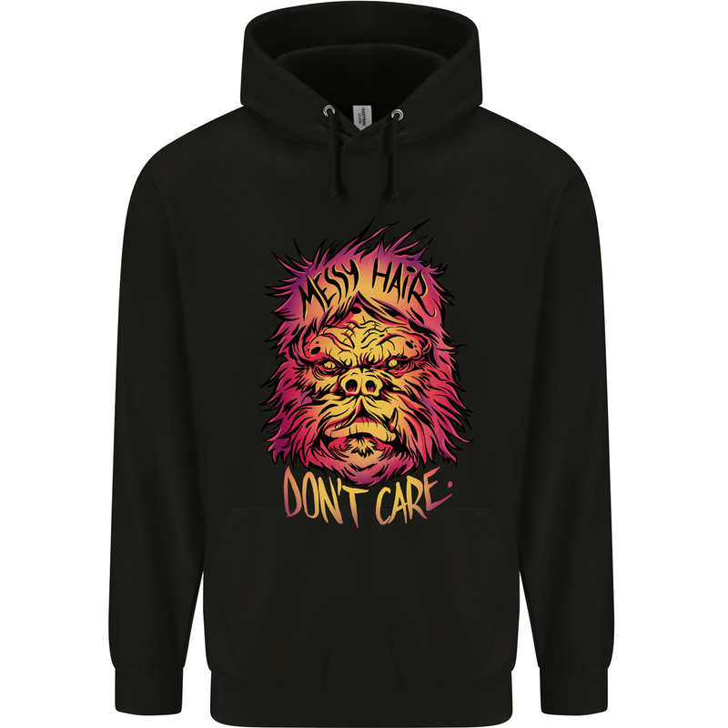 Bigfoot Messy Hair Don't Care Funny Mens 80% Cotton Hoodie Black