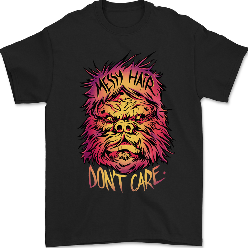 Bigfoot Messy Hair Don't Care Funny Mens Gildan Cotton T-Shirt Black