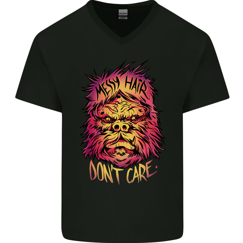 Bigfoot Messy Hair Don't Care Funny Mens V-Neck Cotton T-Shirt Black