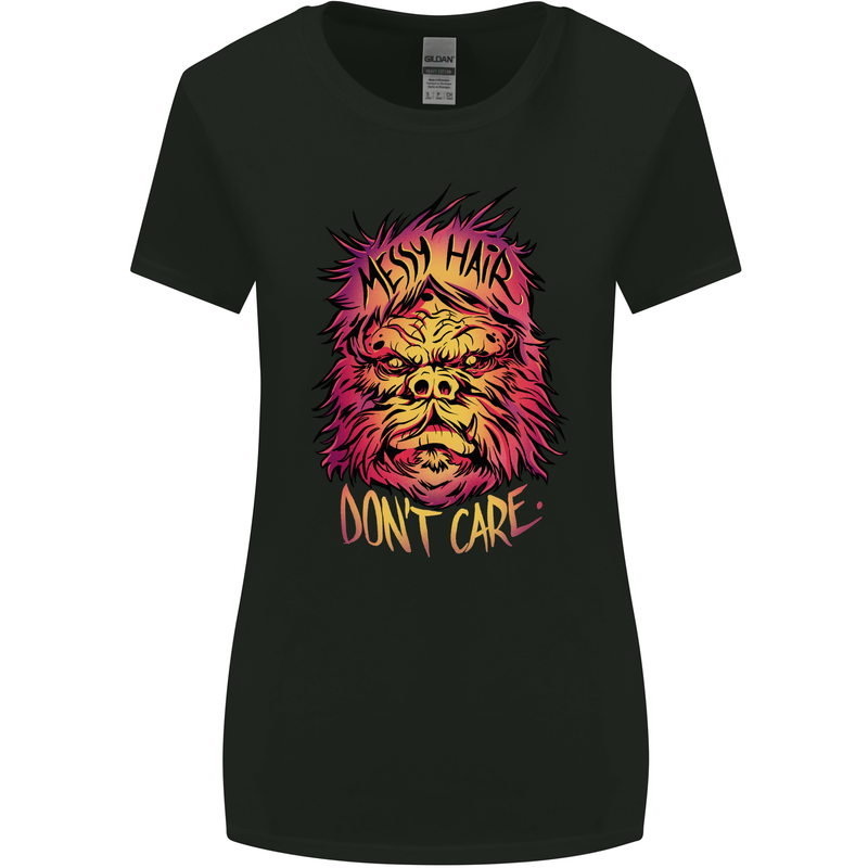 Bigfoot Messy Hair Don't Care Funny Womens Wider Cut T-Shirt Black