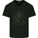 Bigfoot Playing the Guitar Mens V-Neck Cotton T-Shirt Black