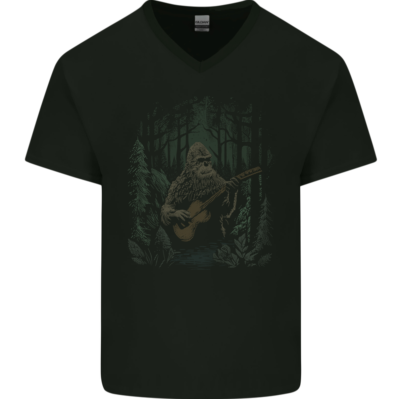 Bigfoot Playing the Guitar Mens V-Neck Cotton T-Shirt Black