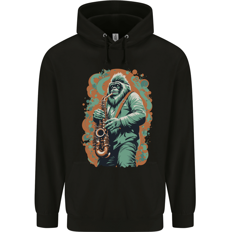 Bigfoot Playing the Saxophone Ape Gorilla Mens 80% Cotton Hoodie Black