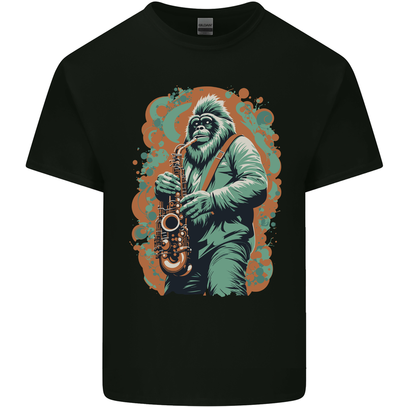 Bigfoot Playing the Saxophone Ape Gorilla Mens Cotton T-Shirt Tee Top Black