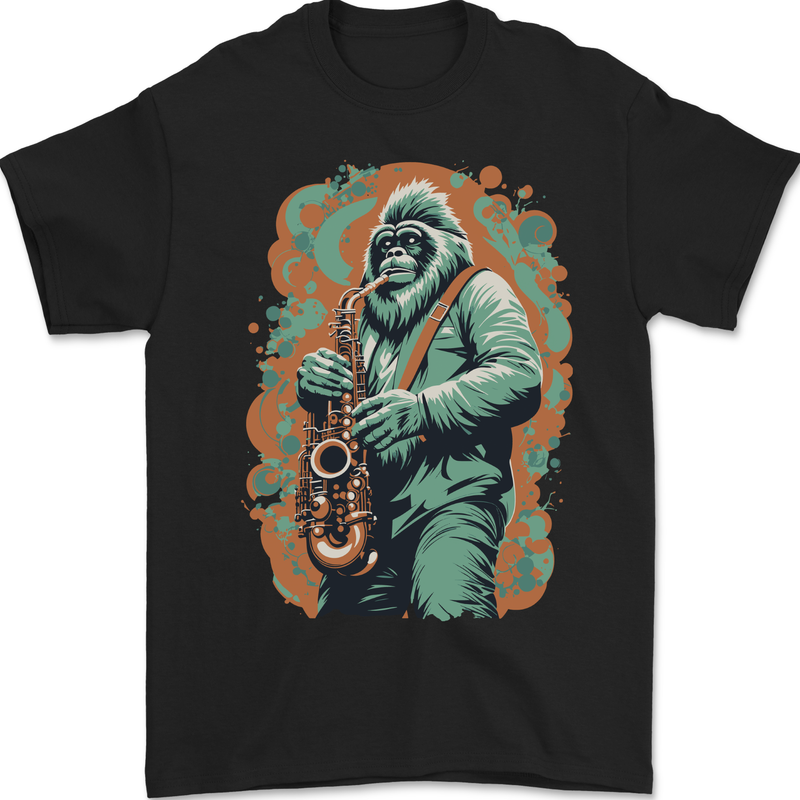 Bigfoot Playing the Saxophone Ape Gorilla Mens Gildan Cotton T-Shirt Black