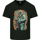 Bigfoot Playing the Saxophone Ape Gorilla Mens V-Neck Cotton T-Shirt Black