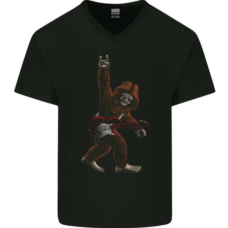 Bigfoot Rocks Funny Rock n Roll Guitar Music Mens V-Neck Cotton T-Shirt Black