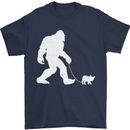 Bigfoot Walking a Dog Funny Yeti Mens T-Shirt 100% Cotton Navy Blue