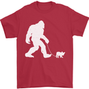 Bigfoot Walking a Dog Funny Yeti Mens T-Shirt 100% Cotton Red