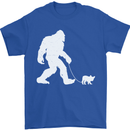 Bigfoot Walking a Dog Funny Yeti Mens T-Shirt 100% Cotton Royal Blue