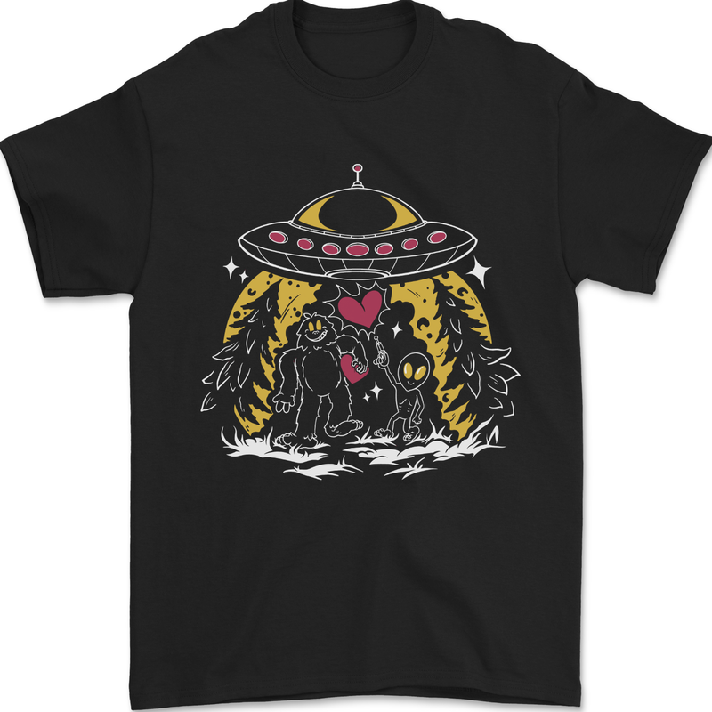 Bigfoot & Alien UFO Mens T-Shirt 100% Cotton Black