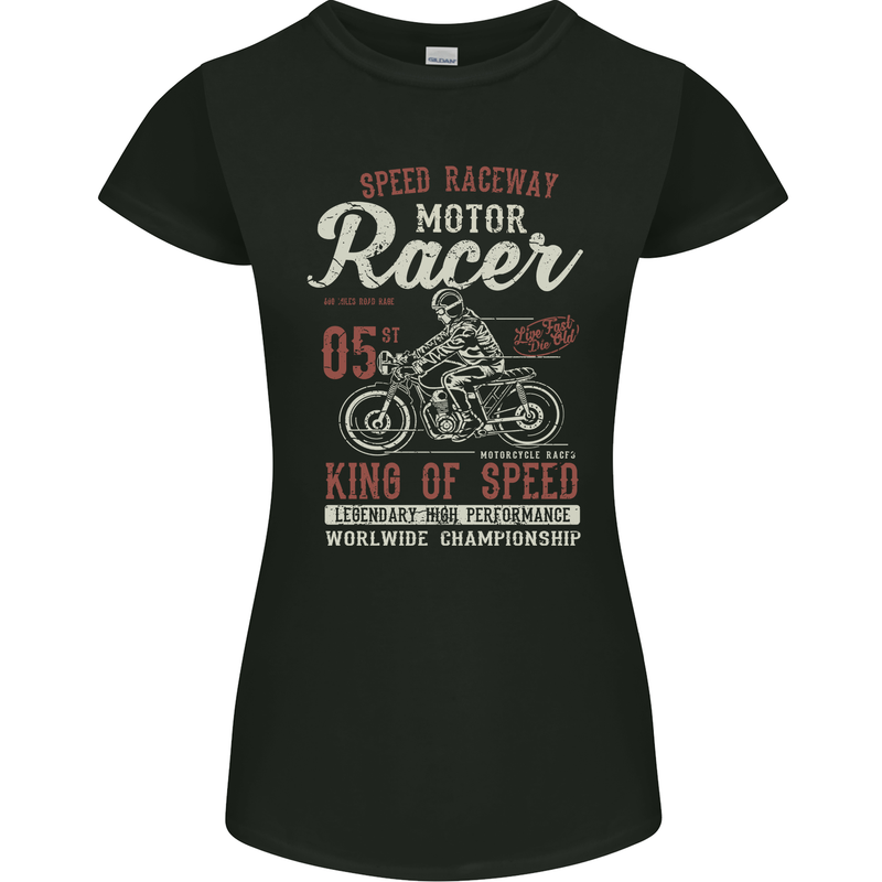 Biker King of Speed Motorcycles Cafe Racer Womens Petite Cut T-Shirt Black