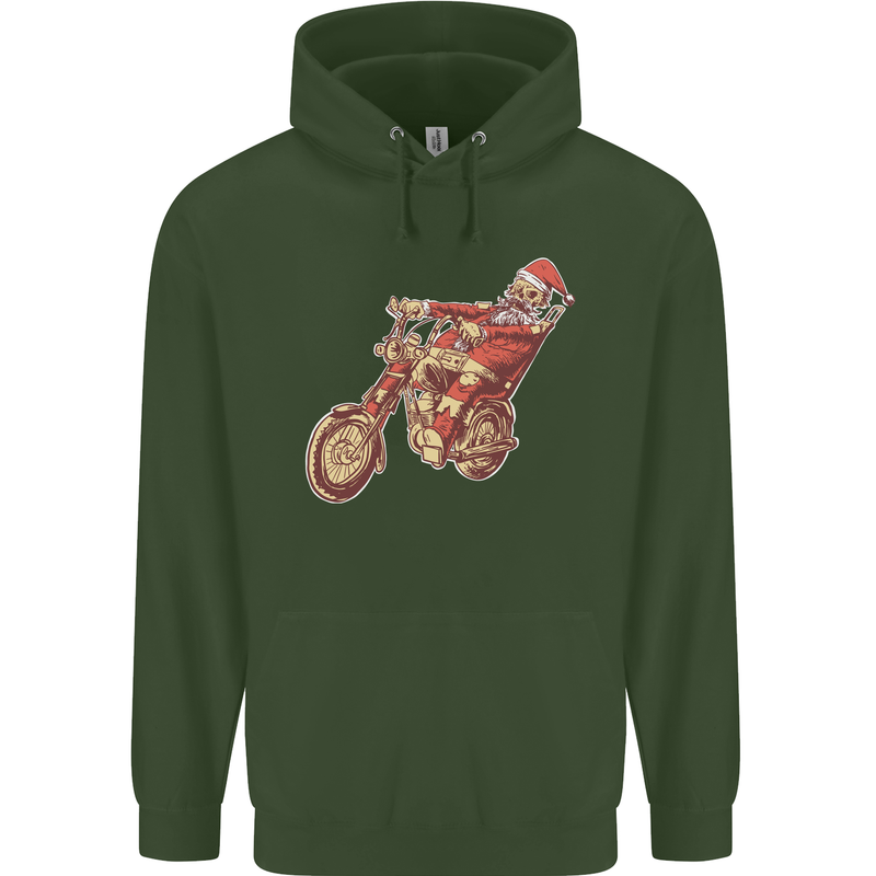 Biker Santa Christmas Motorcycle Chopper Skull Childrens Kids Hoodie Forest Green