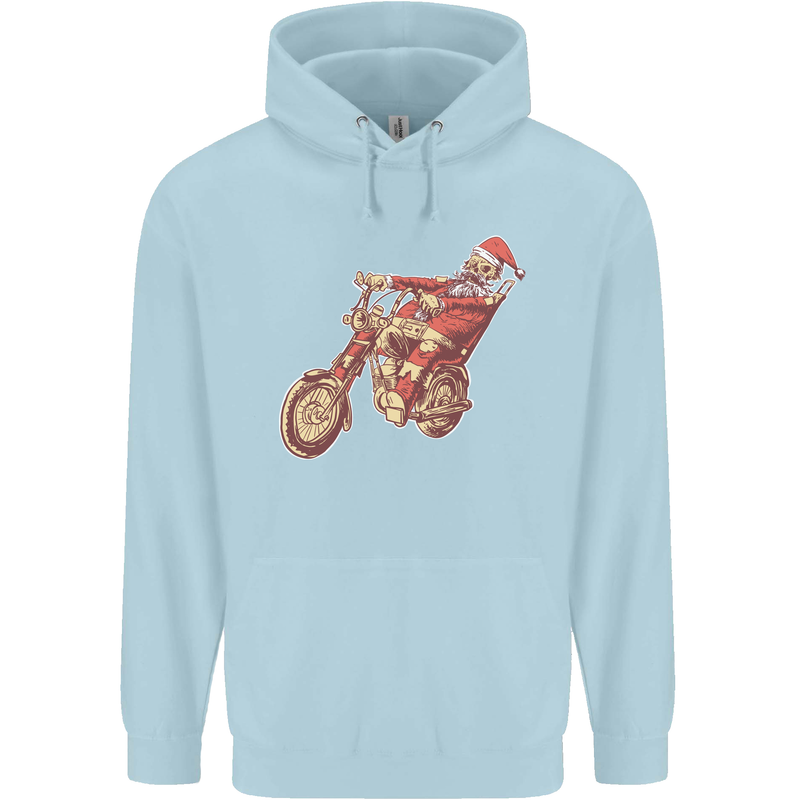 Biker Santa Christmas Motorcycle Chopper Skull Childrens Kids Hoodie Light Blue