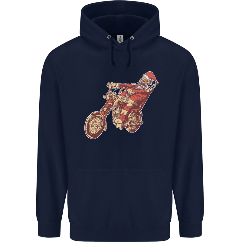 Biker Santa Christmas Motorcycle Chopper Skull Childrens Kids Hoodie Navy Blue