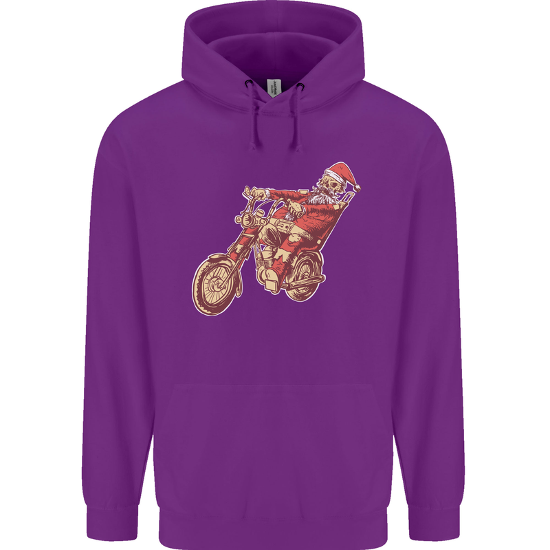Biker Santa Christmas Motorcycle Chopper Skull Childrens Kids Hoodie Purple