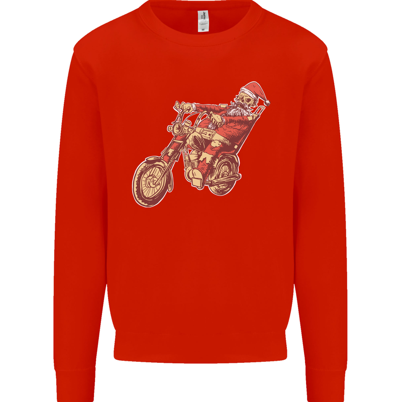 Biker Santa Christmas Motorcycle Chopper Skull Kids Sweatshirt Jumper Bright Red