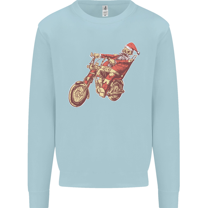 Biker Santa Christmas Motorcycle Chopper Skull Kids Sweatshirt Jumper Light Blue