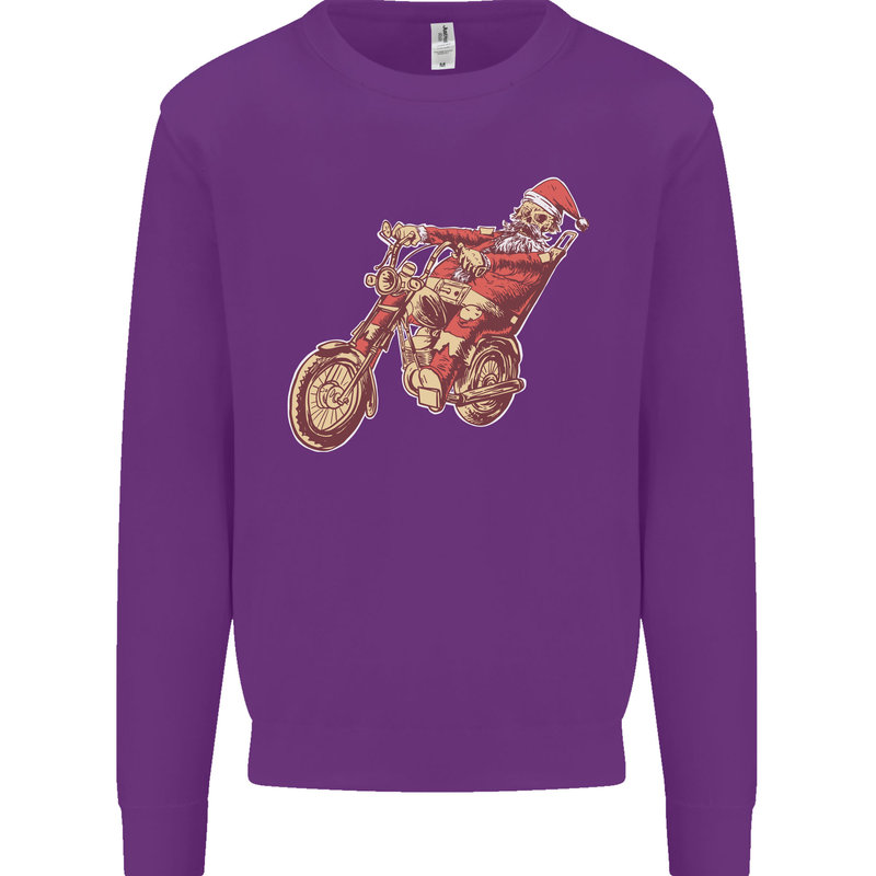 Biker Santa Christmas Motorcycle Chopper Skull Kids Sweatshirt Jumper Purple