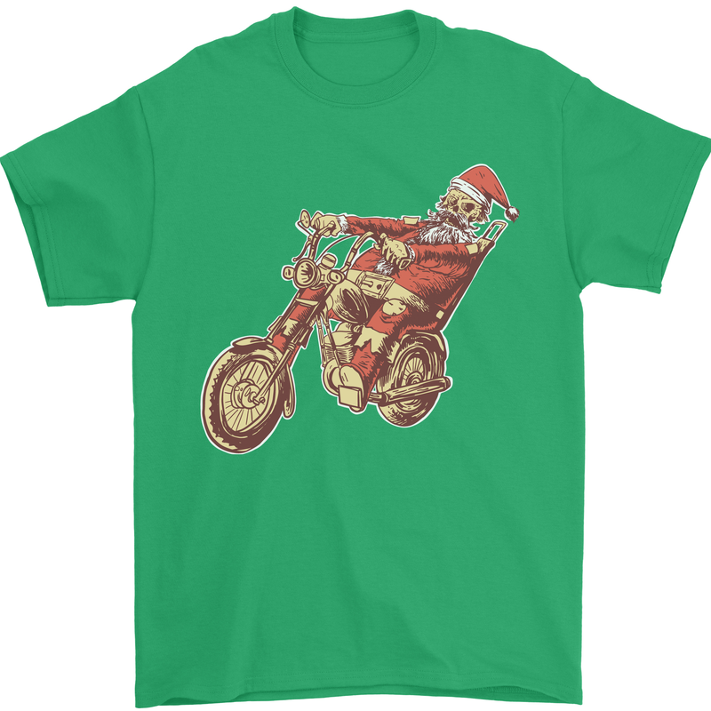 Biker Santa Christmas Motorcycle Chopper Skull Mens T-Shirt 100% Cotton Irish Green