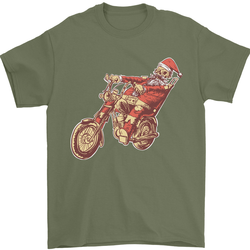 Biker Santa Christmas Motorcycle Chopper Skull Mens T-Shirt 100% Cotton Military Green