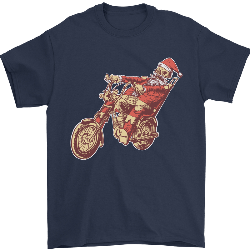 Biker Santa Christmas Motorcycle Chopper Skull Mens T-Shirt 100% Cotton Navy Blue