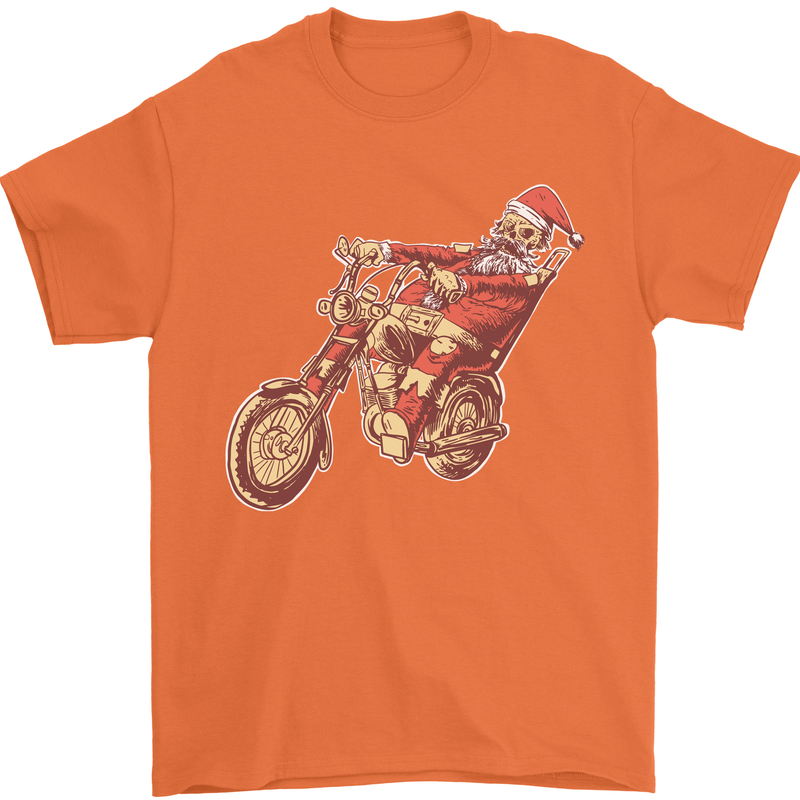 Biker Santa Christmas Motorcycle Chopper Skull Mens T-Shirt 100% Cotton Orange