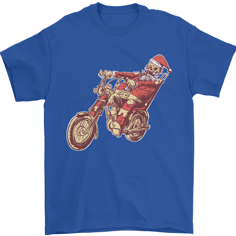 Biker Santa Christmas Motorcycle Chopper Skull Mens T-Shirt 100% Cotton Royal Blue