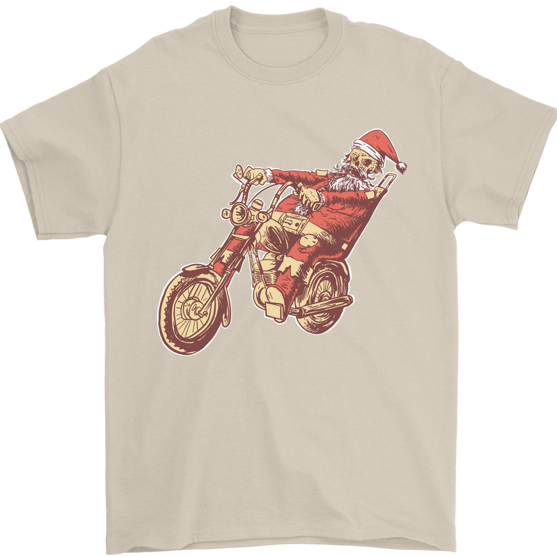 Biker Santa Christmas Motorcycle Chopper Skull Mens T-Shirt 100% Cotton Sand