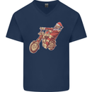 Biker Santa Christmas Motorcycle Chopper Skull Mens V-Neck Cotton T-Shirt Navy Blue