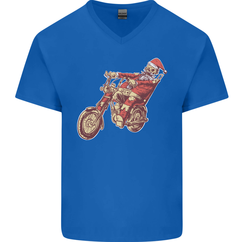 Biker Santa Christmas Motorcycle Chopper Skull Mens V-Neck Cotton T-Shirt Royal Blue