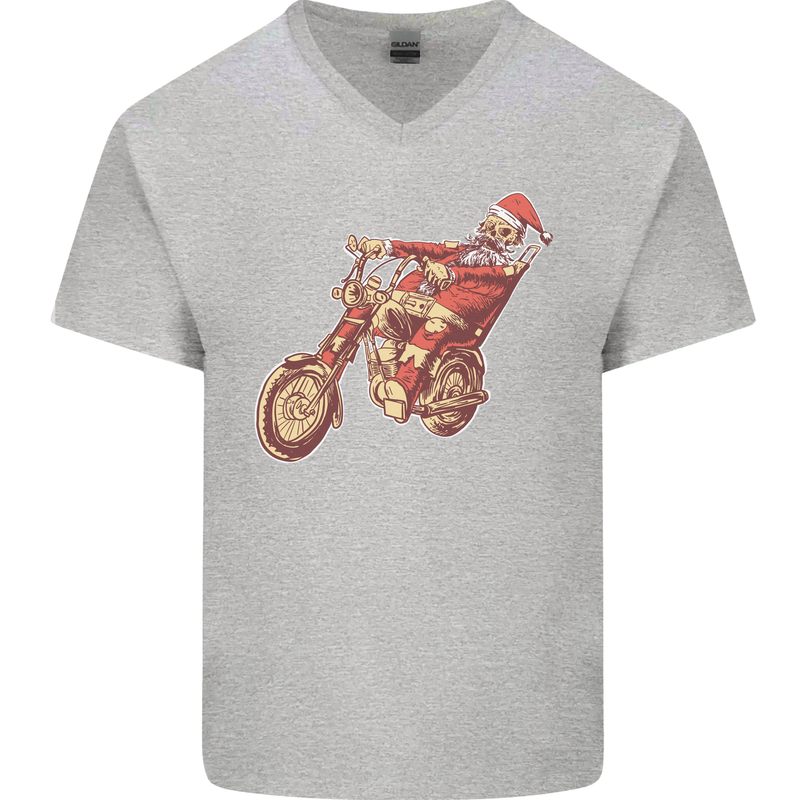 Biker Santa Christmas Motorcycle Chopper Skull Mens V-Neck Cotton T-Shirt Sports Grey