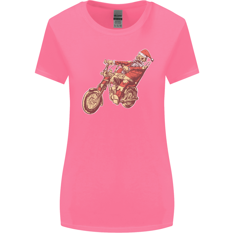 Biker Santa Christmas Motorcycle Chopper Skull Womens Wider Cut T-Shirt Azalea