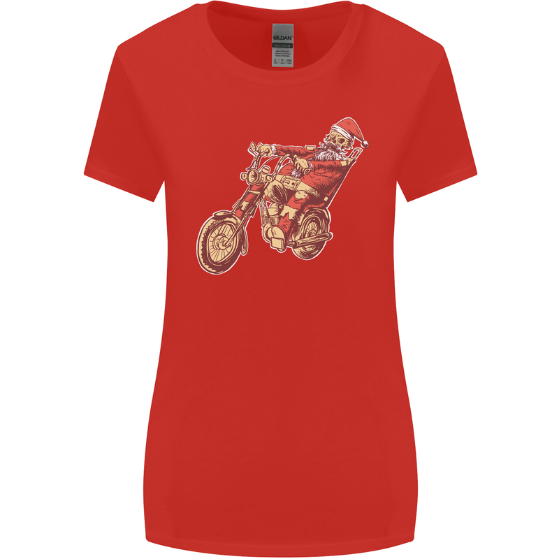 Biker Santa Christmas Motorcycle Chopper Skull Womens Wider Cut T-Shirt Red