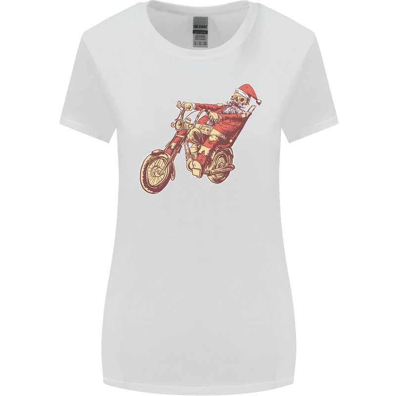 Biker Santa Christmas Motorcycle Chopper Skull Womens Wider Cut T-Shirt White