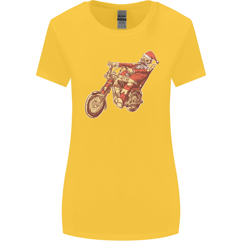 Biker Santa Christmas Motorcycle Chopper Skull Womens Wider Cut T-Shirt Yellow